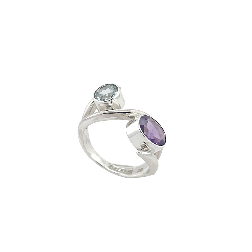 STERLING SILVER BLUE TOPAZ AND AMETHYTS RING