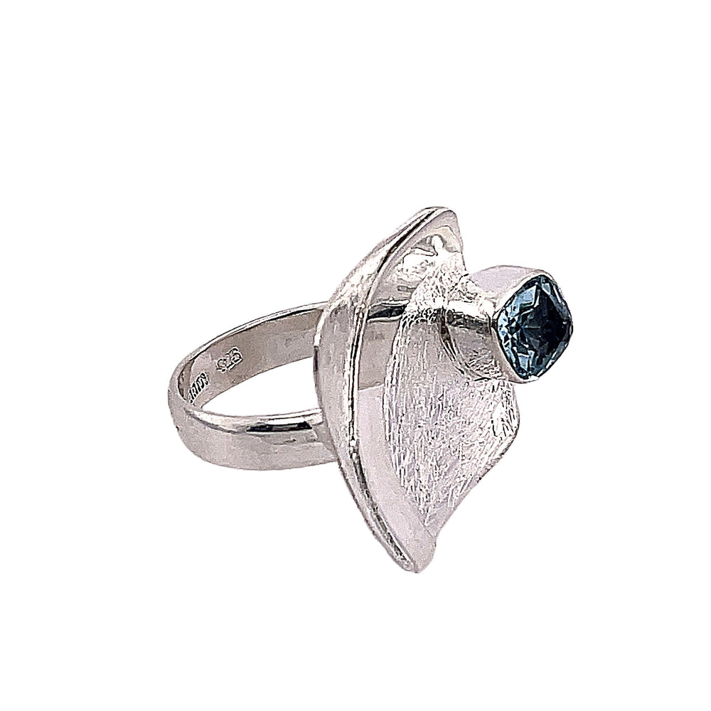 STERLING SILVER CONCAVE SQUARE WITH BLUE TOPAZ ADJUSTABLE RING