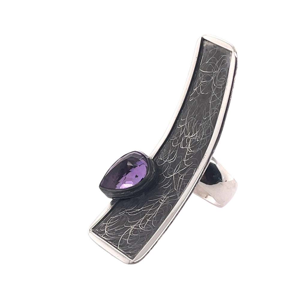 STERLING SILVER FACETED AMETHYST ASYMMETRIC RECTANGLE ADJUSTBLE RING