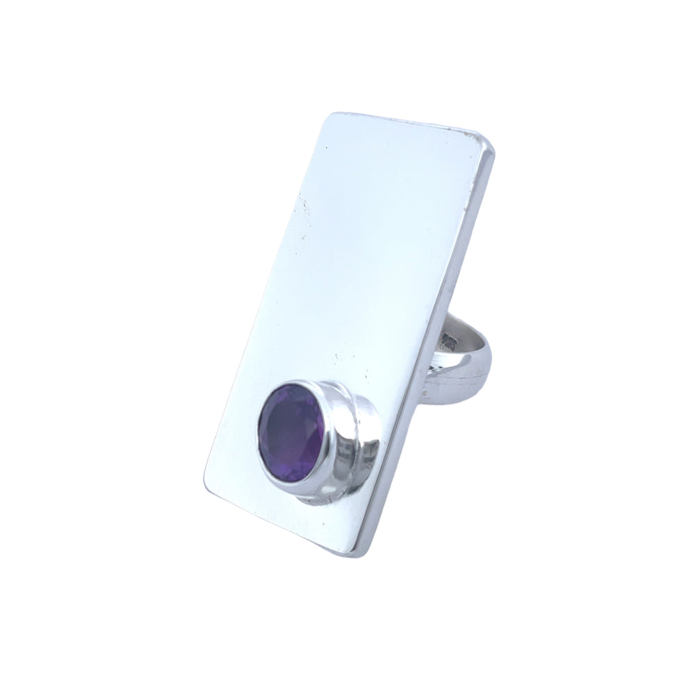 STERLING SILVER RECTANGLE HOLLOW ADJUSTABLE RING WITH GEMSTONE