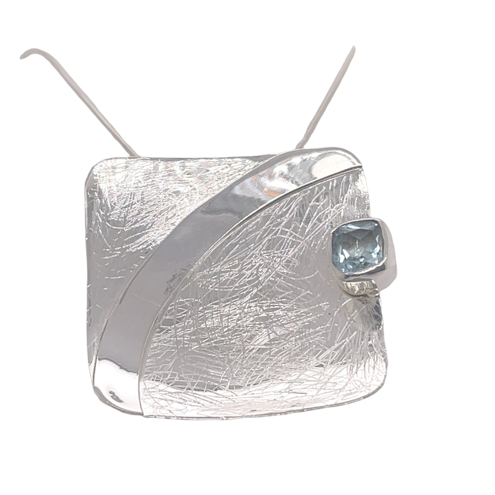 STERLING SILVER SQUARE CONCAVE PENDANT WITH BLUE TOPAZ CHAIN NOT INCLUDED